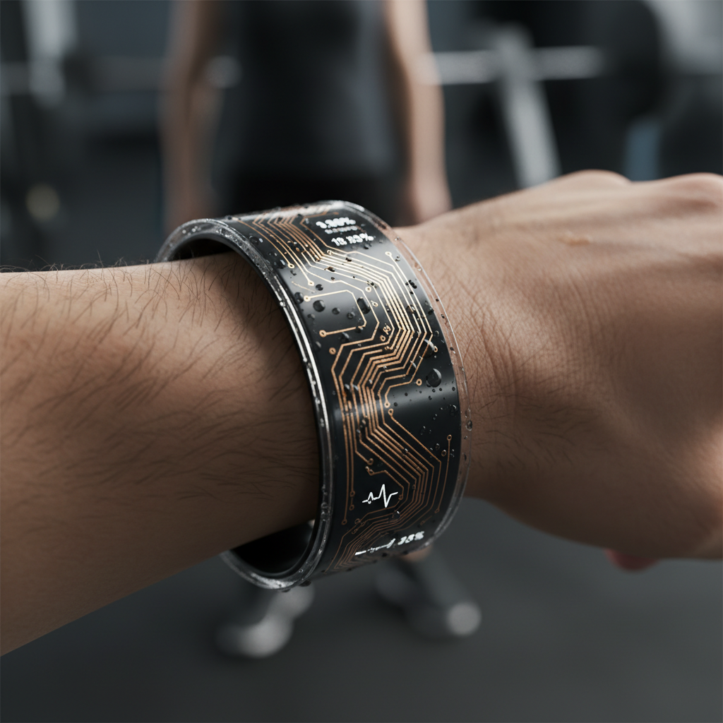 A close-up photo of a modern fitness tracker wrapped around a human wrist during exercise, shot with a macro lens at f/2.8, showing the flexible circuit board conforming naturally to the curved wrist surface. The image captures water droplets from sweat on the device surface, with dramatic side lighting highlighting the thin profile and bendable nature of the wearable. High detail, shallow depth of field, photo style.