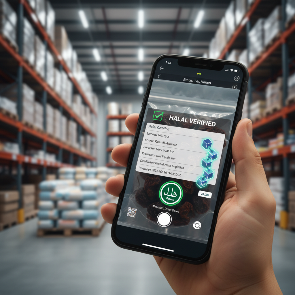 Close-up of a smartphone scanning a QR code on halal food packaging with blockchain verification interface visible on screen, modern warehouse background with organized food products, photo style, macro lens, f/4, soft lighting, high contrast, intricate details, DSLR camera