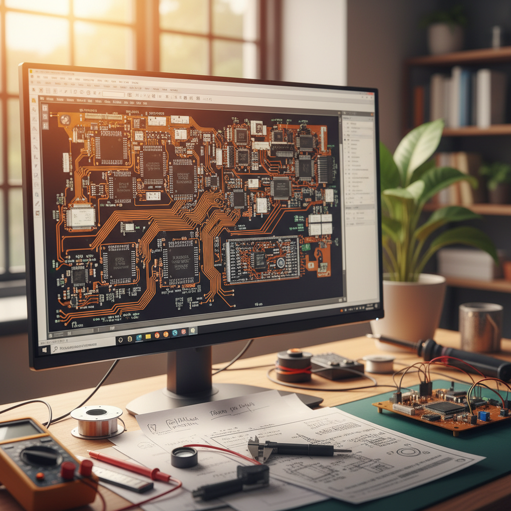 Close-up photo of a professional PCB design engineer's workspace showing a large monitor displaying PCB layout software with visible trace routing and component placement, technical drawings spread on desk, precision measuring tools, and a partially assembled circuit board prototype. Natural lighting from window, warm tones, shallow depth of field focusing on the monitor screen, shot with 50mm lens at f/2.8, workspace environment with soft bokeh background, professional photo style with high detail on circuit traces and design elements.