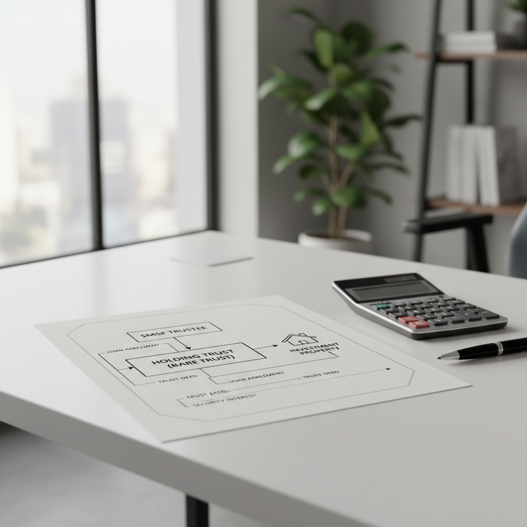 A professional financial document layout showing LRBA structure diagram with three connected elements: SMSF trustee, holding trust, and investment property, displayed on a modern desk with a calculator and pen, shot with 50mm lens, f/2.8, natural office lighting, clean and organized composition, photo style