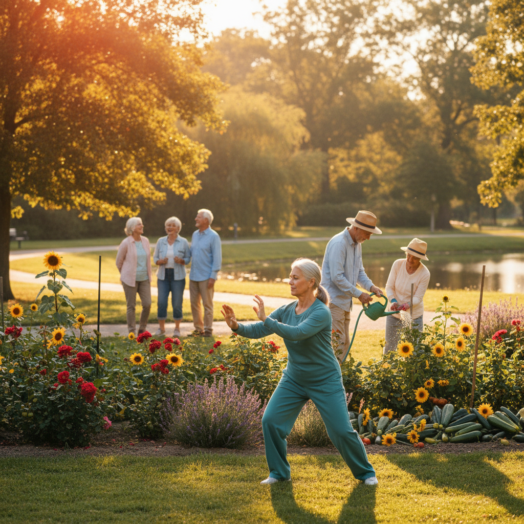 A vibrant photo of a diverse group of active seniors in their 60s and 70s participating in various outdoor activities in a sunny park. In the foreground, a silver-haired woman in comfortable athletic wear practices tai chi with graceful movements. In the middle ground, two seniors tend to a community garden with colorful flowers and vegetables. In the background, a small group walks together on a tree-lined path, laughing and chatting. The scene is captured with a 50mm lens, f/2.8 aperture creating soft bokeh in the background, natural golden hour lighting, warm tones, photo style, highly detailed, shot with Canon EOS R5