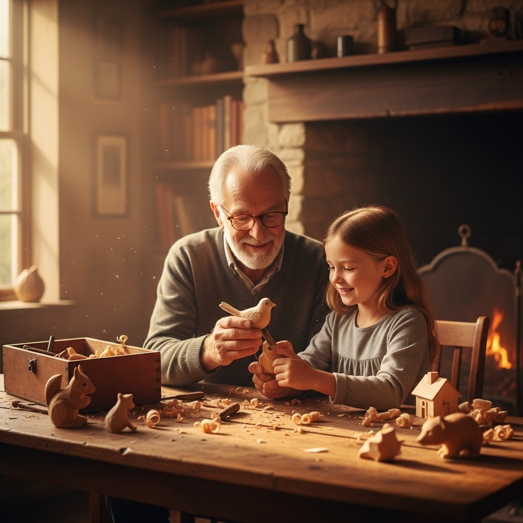A heartwarming photo style image showing an intergenerational moment: an elderly grandfather in his 70s with gentle smile and reading glasses sits at a wooden table with his young granddaughter around age 8, teaching her traditional woodworking. Wood shavings and small carved figures are visible on the table. Warm afternoon sunlight streams through a nearby window, creating soft natural lighting. The scene captures genuine connection and joy between generations. Shot with 50mm lens, shallow depth of field with f/2.8, natural lighting, warm color tones, highly detailed, intimate composition, photo style