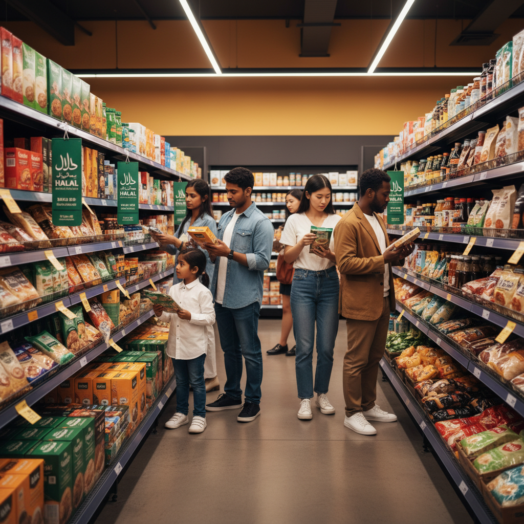 A vibrant modern supermarket aisle displaying halal-certified food products with diverse shoppers of different ethnicities examining packages, photo style, shot with 50mm lens, f/2.8, natural lighting, warm tones, highly detailed, shallow depth of field
