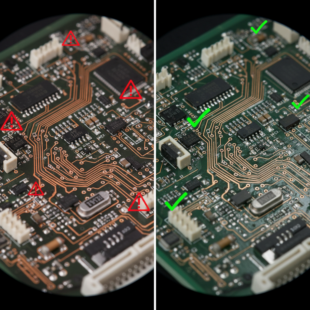 A split-screen comparison showing two PCB boards side by side - left side shows a poorly designed board with visible defects, red warning indicators, and chaotic trace routing; right side shows a professionally designed board with clean, organized traces, proper component placement, and green approval checkmarks. Shot with macro lens, f/2.8, shallow depth of field, studio lighting with soft shadows, highly detailed circuit board texture, photographic quality with slight contrast enhancement.