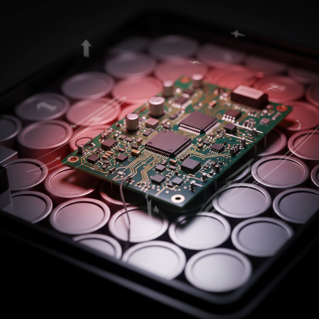 A detailed cross-section view of an electric vehicle battery pack showing the intricate Battery Management System PCB positioned among cylindrical lithium-ion cells. The PCB features visible circuit traces, monitoring sensors, and connection points. The scene emphasizes the harsh operational environment with visible temperature gradients and vibration indicators. Shot with a macro lens, shallow depth of field, dramatic side lighting highlighting the technical complexity, photo style.