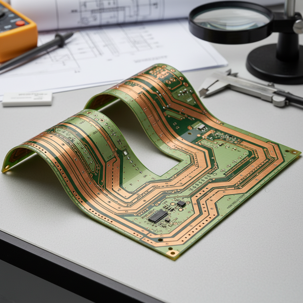 An advanced flexible PCB design for Battery Management System laid flat on a technical workspace, showing its ability to bend and conform while maintaining circuit integrity. The board displays copper traces, thermal management pathways, high-voltage isolation zones, and connection points. Technical diagrams and measurement tools visible in background. Clean studio lighting, shot with 50mm lens at f/2.8, photo style with emphasis on the engineering precision and flexibility of the design.