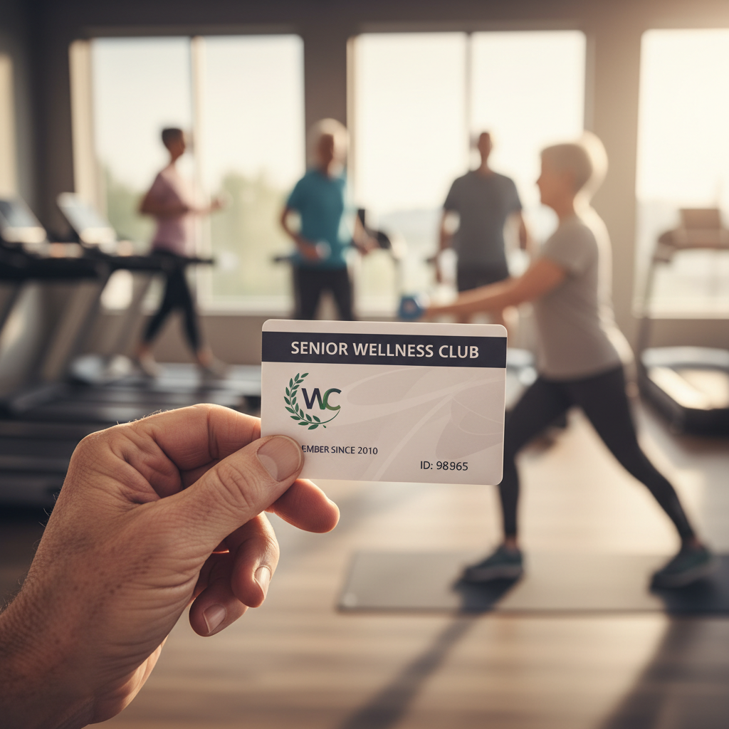 Close-up photo of elderly hands holding a wellness program membership card in the foreground with a blurred background showing a modern gym with seniors exercising, shot with macro lens, shallow depth of field, soft natural lighting through large windows, the card shows clear text and official insignia, photo style, Canon EOS R5, warm atmospheric tones, highly detailed texture on hands showing wisdom and experience