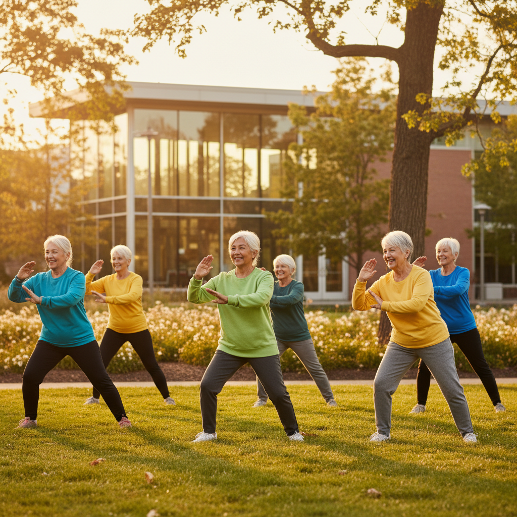 A vibrant photo of diverse seniors aged 60-75 participating in an outdoor group fitness class in a sunny park, shot with 50mm lens, f/2.8, natural golden hour lighting, showing genuine smiles and active movement, some doing tai chi poses while others stretch, with a community center visible in the background, warm tones, photo style, highly detailed