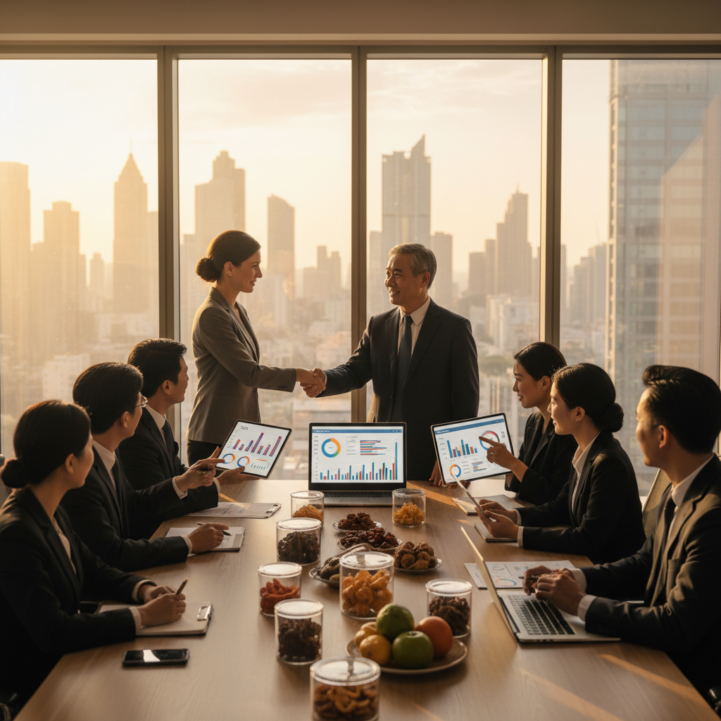 International business meeting between Chinese food supplier and foreign buyer, photo style, shot with 35mm lens, f/4, bright modern office conference room with floor-to-ceiling windows showing city skyline, diverse team of professionals examining food product samples on conference table, tablets and laptops displaying supply chain dashboards with graphs and logistics data, handshake between Asian supplier representative and Western buyer, warm natural daylight from windows, professional business attire, genuine collaborative atmosphere, highly detailed, rule of thirds composition, Canon EOS R5, realistic business photography, golden hour lighting through windows creating warm tones