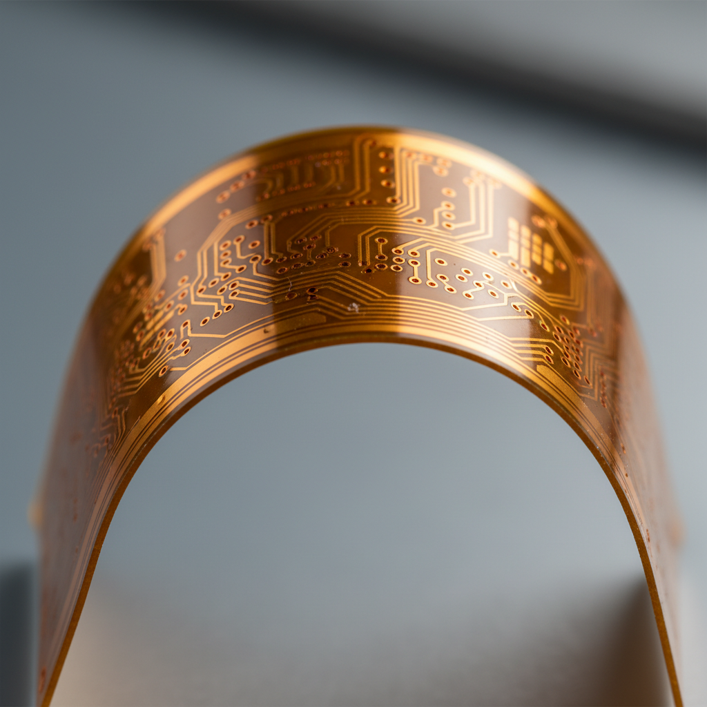 A close-up photo of a flexible printed circuit board being bent at a precise angle, showing the golden copper traces and layers, with soft dramatic lighting highlighting the circuit's flexibility and intricate details, shot with a macro lens at f/2.8, shallow depth of field, professional product photography style