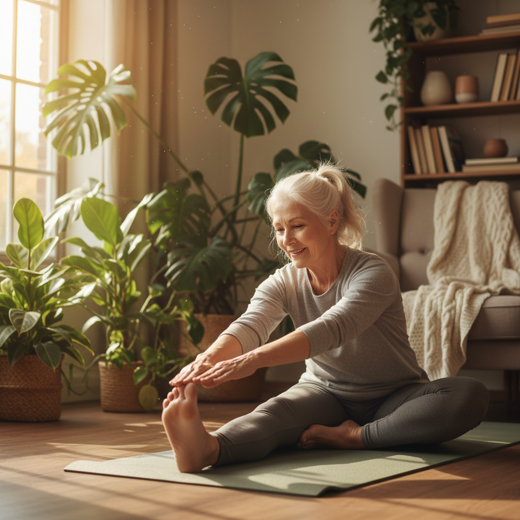 A vibrant photo of an active senior woman in her 70s doing gentle stretching exercises in a sunlit living room, wearing comfortable athletic clothing, with plants visible in the background, shot with natural window lighting, 50mm lens, shallow depth of field, warm and inviting atmosphere, photo style