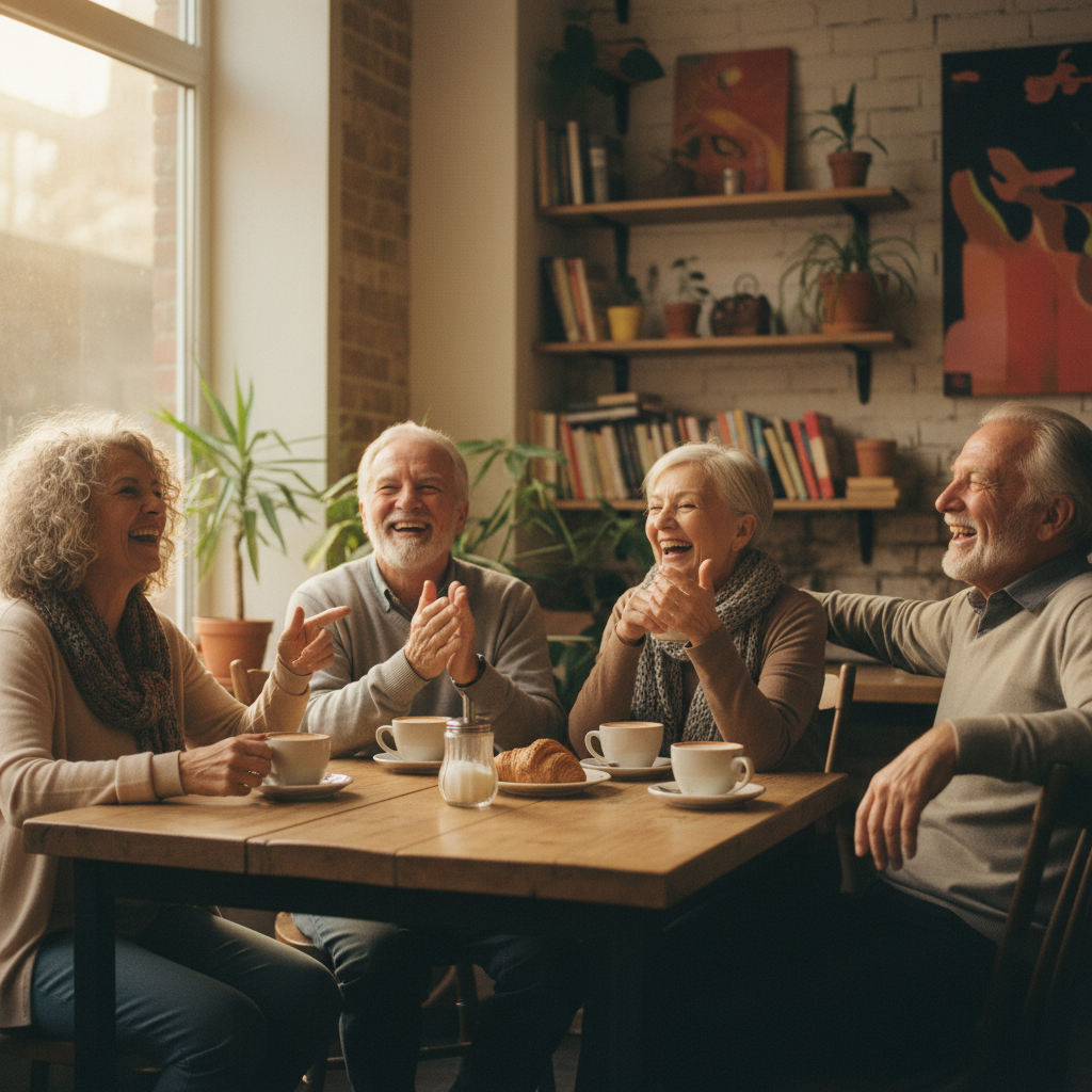 A heartwarming photo of a diverse group of senior friends laughing together over coffee at a cozy cafe table, natural expressions of joy and connection, warm ambient lighting, shot with 35mm lens, candid moment captured in photo style, genuine human interaction, comfortable casual setting