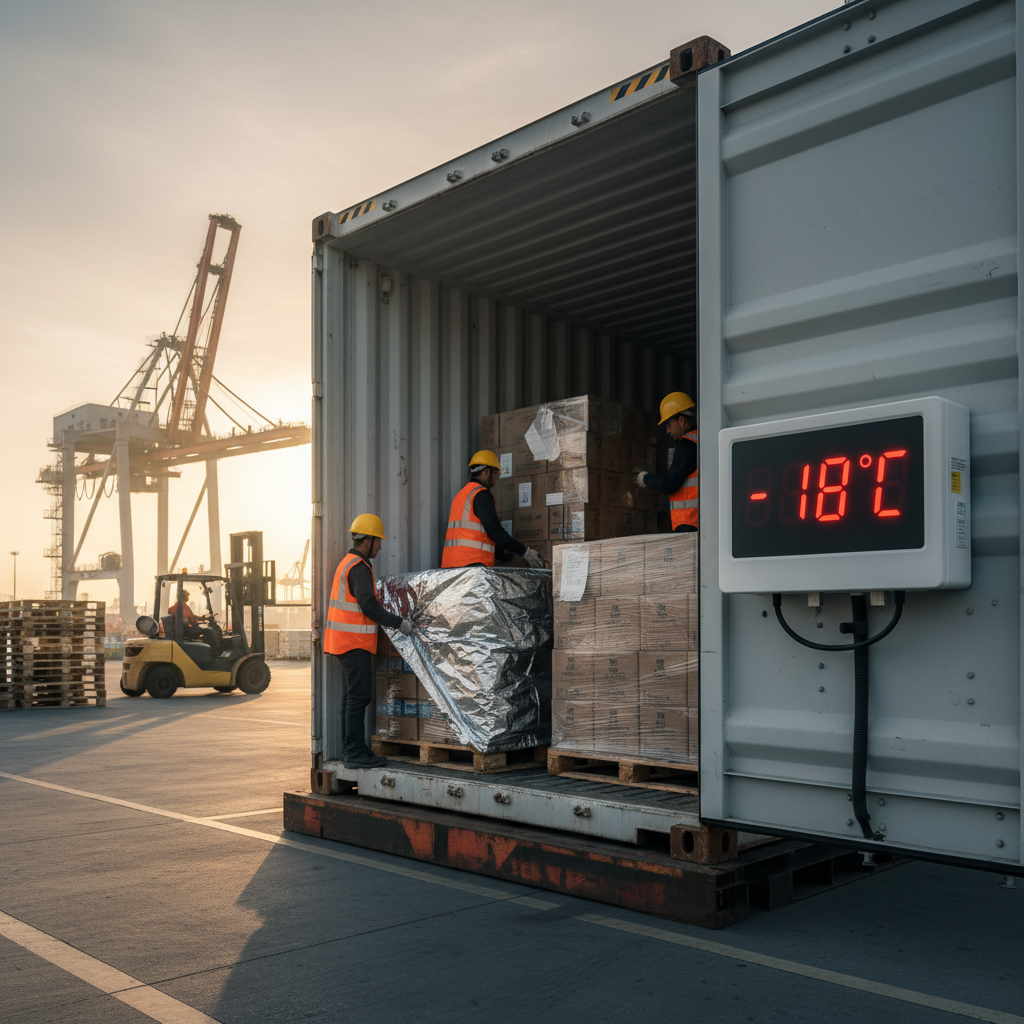 A refrigerated shipping container being loaded at a port facility, temperature monitoring device mounted on container wall showing -18°C digital display, workers in safety vests carefully arranging pallets of frozen food boxes inside the insulated container, forklift in background, thermal blankets visible covering product pallets, early morning light, port cranes in distance, professional logistics operation, photo style, shot with 24mm wide-angle lens, f/5.6, documentary style, sharp focus on temperature display