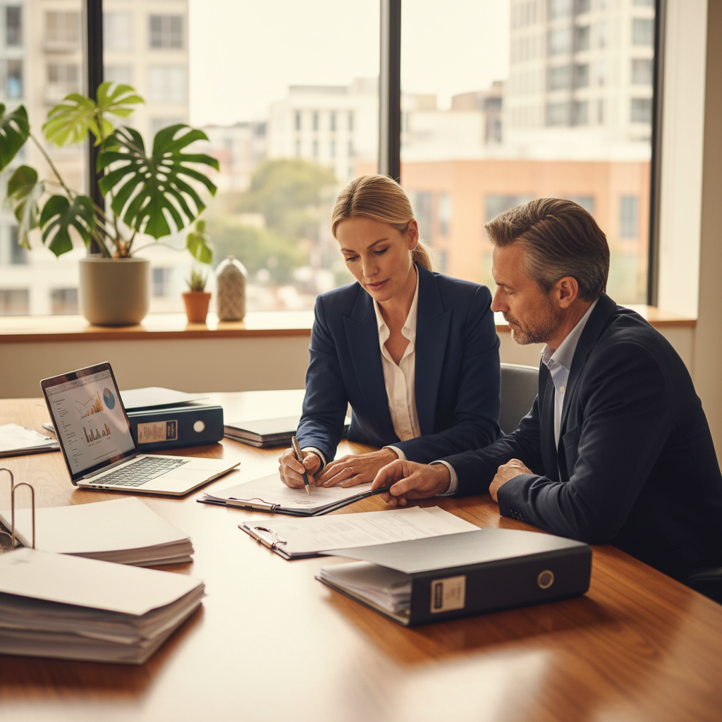 A professional Australian financial advisor reviewing SMSF property investment documents with a client in a modern office setting, natural lighting through large windows, shot with 50mm lens at f/2.8, shallow depth of field, warm tones, highly detailed, photo style