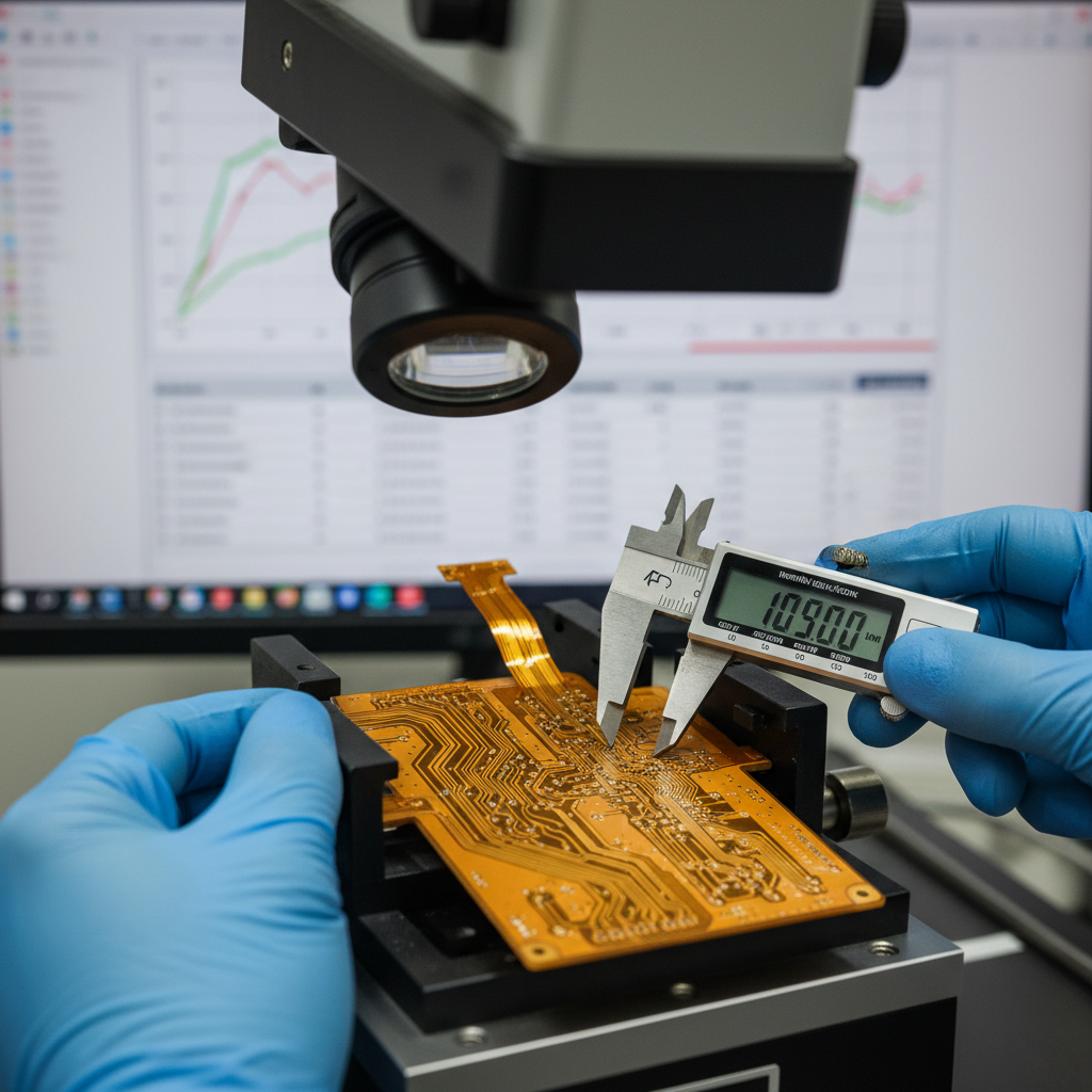 Close-up view of a complex automotive flexible PCB circuit board being inspected under precise measurement equipment, golden copper traces visible on polyimide substrate, quality control technician's hands using digital calipers and optical inspection tools, computer screen showing statistical process control charts with capability indices, shallow depth of field, shot with 100mm macro lens, f/2.8, professional industrial photography, clean and detailed