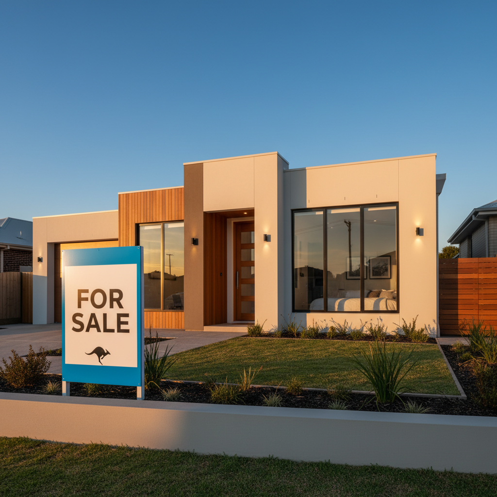Modern Australian residential investment property exterior with 'For Sale' sign, blue sky background, golden hour lighting, shot with wide-angle lens, sharp focus on property details, professional real estate photography style, high contrast, photo style