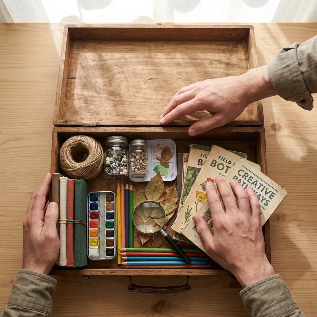 A photo-style overhead view of an open exploration box on a clean table, containing various craft supplies, art materials, and guidebooks arranged artfully. Natural lighting from above, shot with macro lens, f/4, showing intricate details and textures. The composition suggests discovery and possibility, with hands gently reaching to explore the contents. Bright, inviting atmosphere with soft shadows.