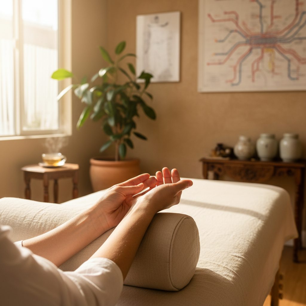 A serene acupuncture treatment room in Beverly Hills with soft ambient lighting, showing a close-up of an acupuncturist's hands performing traditional pulse diagnosis on a patient's wrist. The scene includes subtle elements of traditional Chinese medicine - meridian charts on the wall, natural wood furniture, and calming earth tones. Photo style, shot with 50mm lens, f/2.8, shallow depth of field, natural window lighting, warm tones, highly detailed, professional medical photography
