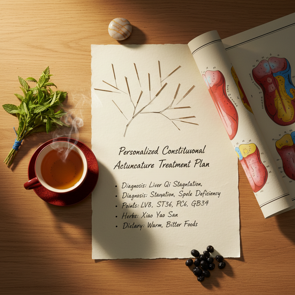An elegant flat lay composition showing personalized constitutional acupuncture elements on a wooden surface: thin acupuncture needles arranged artistically, a traditional tongue diagnosis chart, a hand-written treatment plan, fresh herbs, and a teacup with herbal tea. The image includes the five element colors subtly incorporated through natural objects. Photo style, overhead view, natural lighting, rule of thirds composition, Canon EOS R5, macro lens, intricate details, warm golden hour lighting