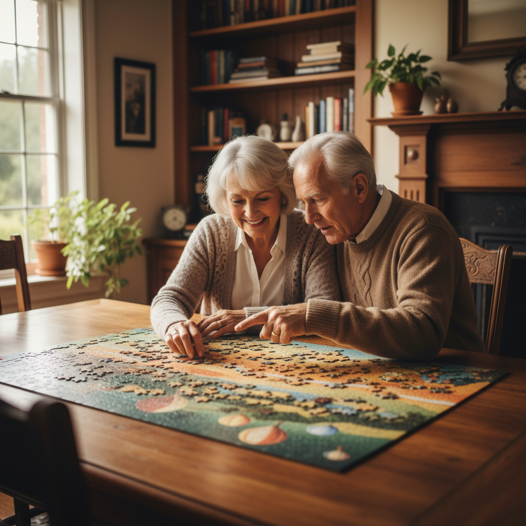 An elderly couple in their late 60s sitting at a wooden dining table working on a large colorful jigsaw puzzle together, soft natural window light illuminating the scene, both leaning in with focused expressions, one pointing at a puzzle piece while the other smiles, cozy home interior with bookshelves in soft focus background, warm color tones, shot with 35mm lens, shallow depth of field, photo style