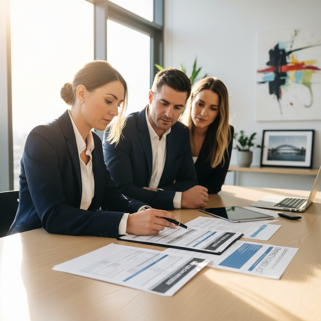 A professional financial advisor reviewing SMSF loan documents with an Australian couple at a modern office desk, warm natural lighting through large windows, documents showing loan terms and compliance checklists spread on desk, shot with 50mm lens at f/2.8, shallow depth of field with sharp focus on documents, contemporary office interior, photo style