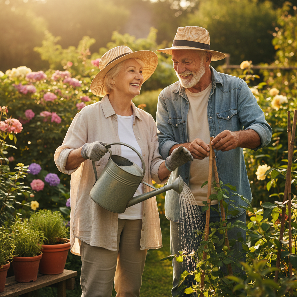 A warm and intimate photo of an elderly couple in their 70s gardening together in a sunny backyard garden, both wearing casual gardening clothes and sun hats, the woman holding a watering can while the man tends to tomato plants, natural golden hour lighting, shallow depth of field, shot with 50mm lens at f/2.8, genuine smiles showing connection and joy, vibrant green plants and colorful flowers in background, photo style
