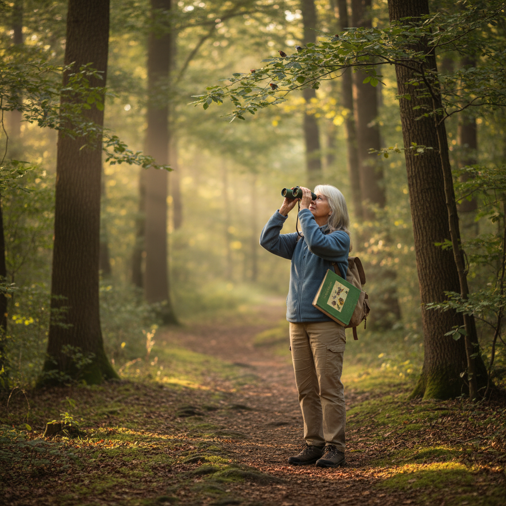A serene morning scene in a natural park, with soft golden sunlight filtering through trees. An older woman in casual outdoor clothing stands on a woodland trail, holding binoculars and looking up at birds in the canopy above. A small field guide is tucked under her arm. The atmosphere is peaceful and filled with natural beauty, captured in photo style with a 50mm lens, shallow depth of field, warm natural lighting, creating an authentic documentary feel.