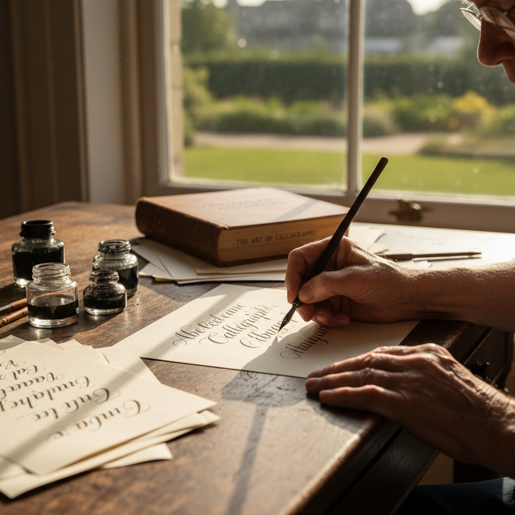 A warm, inviting close-up photo of hands practicing calligraphy at a wooden desk near a window. An elderly person's hands hold a calligraphy pen, creating elegant letterforms on cream-colored paper. Afternoon sunlight streams through the window, illuminating ink bottles, practice sheets, and a library book about calligraphy on the desk. Shot with macro lens, f/2.8, natural window lighting, photo style with soft focus on the background, capturing the meditative and artistic nature of the hobby.