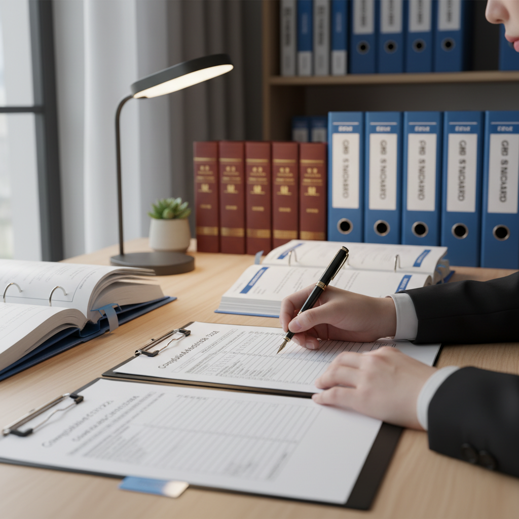 Close-up photo of hands filling out detailed compliance documentation and audit checklists on a desk, with Chinese legal books and regulatory guidelines visible in background, organized business environment, natural office lighting, shot with macro lens, shallow depth of field, professional photography style, emphasizing meticulous record-keeping