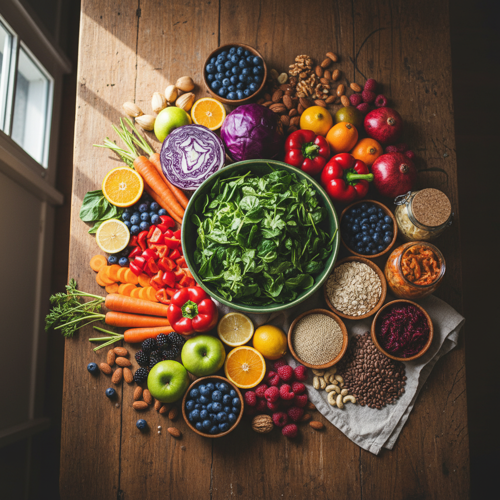 A vibrant, diverse array of colorful whole foods arranged in a circular composition on a rustic wooden table, photo style, shot with 50mm lens, f/2.8, natural window lighting, overhead view, including various vegetables (leafy greens, purple cabbage, orange carrots, red bell peppers), fresh fruits (berries, citrus, apples), whole grains in wooden bowls, legumes, nuts, and fermented foods in glass jars, warm tones, highly detailed textures, shallow depth of field, inviting and abundant feeling, food photography