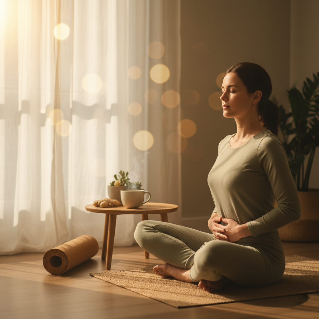 A serene meditation scene showing a person sitting cross-legged in a peaceful room with soft morning light streaming through sheer curtains, photo style, shot with 35mm lens, f/1.8, golden hour lighting from the side, warm and calm atmosphere, person practicing deep breathing with hands resting on abdomen, surrounded by subtle elements of wellness including a cup of warm ginger tea, small potted plants, and a yoga mat, shallow depth of field with bokeh effect, natural earthy tones, tranquil and restorative mood, lifestyle photography