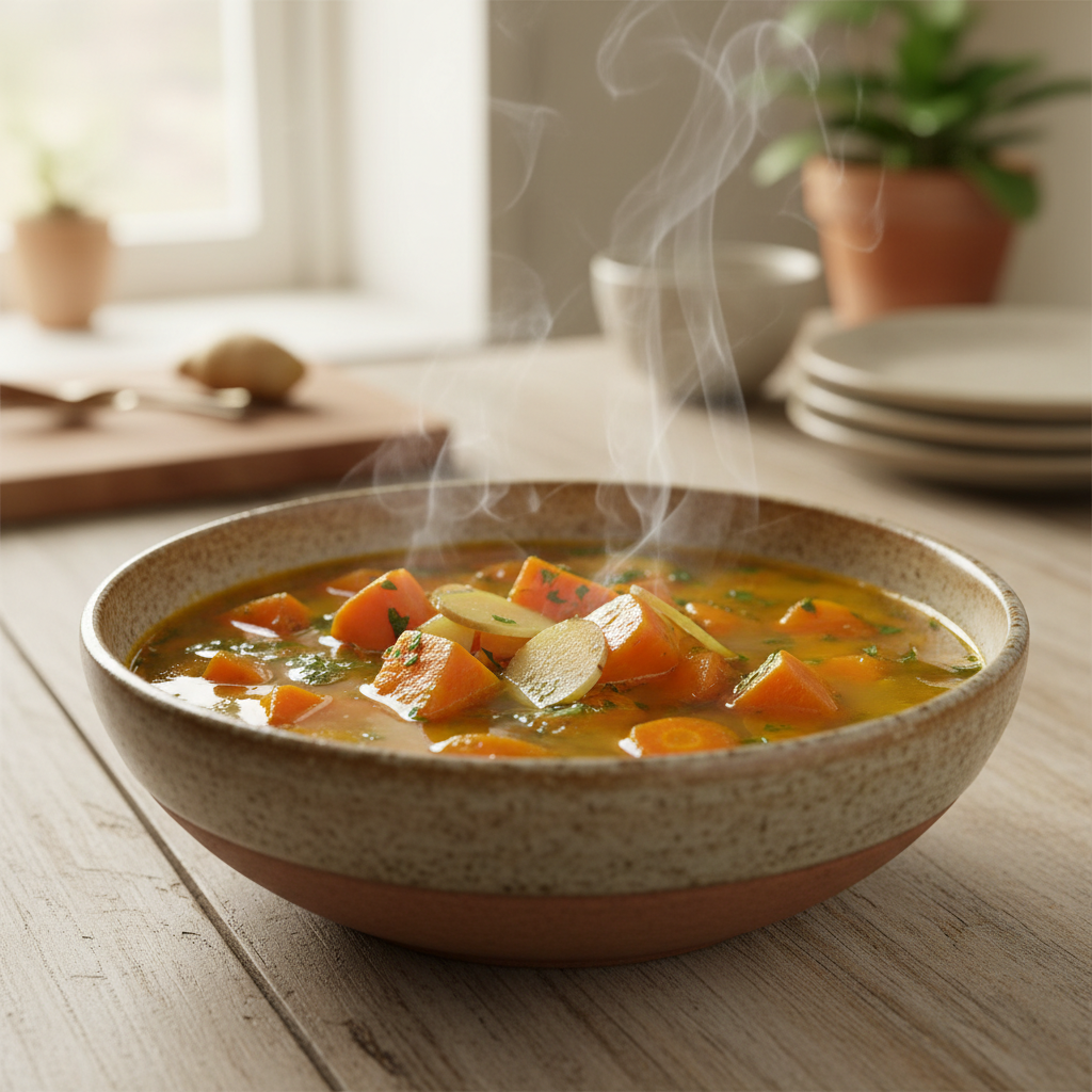 A warm, inviting bowl of nourishing vegetable soup with sweet potato, carrots, and ginger in a ceramic bowl on wooden table. Steam rising from the soup, soft natural lighting from window, cozy kitchen atmosphere. Shot with macro lens, shallow depth of field, f/2.8, warm golden tones, close-up view, photo style, highly detailed textures of vegetables and broth