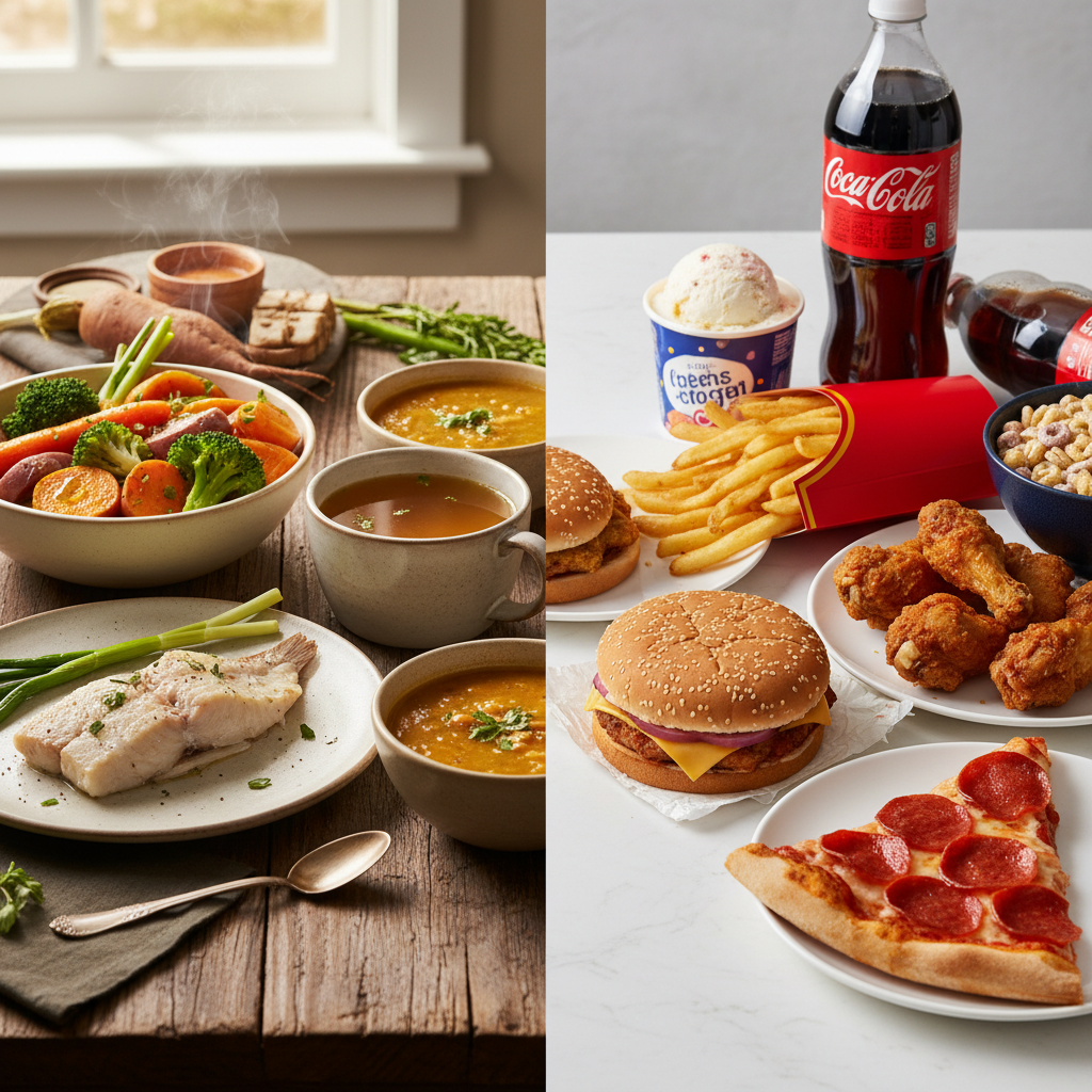 A split composition showing contrast between healthy and unhealthy foods for gut health. On the left side, warm cooked vegetables, bone broth, and steamed dishes arranged on rustic wooden table with soft natural lighting. On the right side, processed foods, sugary drinks, fried items, and dairy products. Shot with 50mm lens, f/2.8, warm tones, photo style, rule of thirds composition, highly detailed food textures