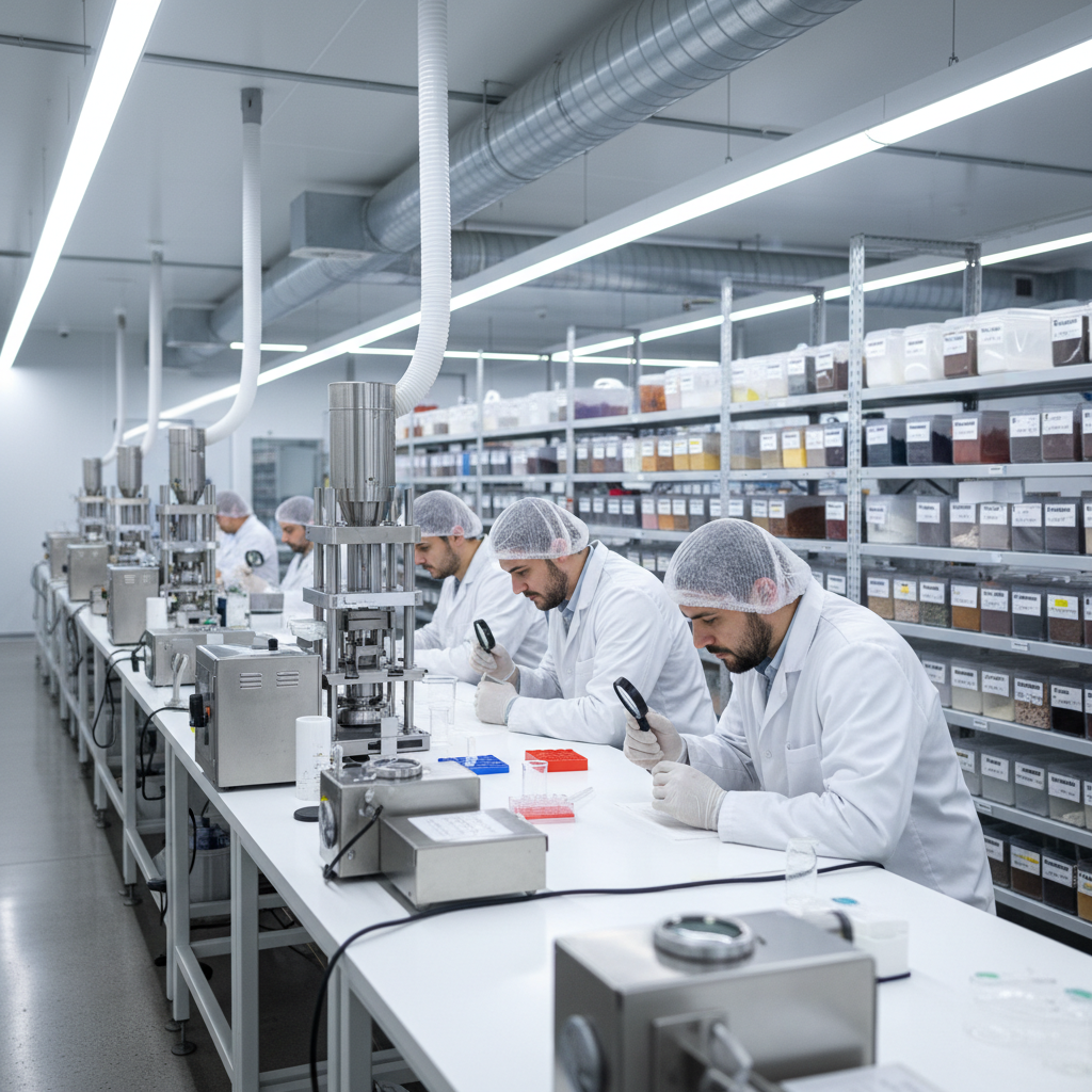 A modern supplement manufacturing facility with pristine white production lines, where quality control technicians in lab coats examine ingredient samples under bright LED lighting, with stainless steel equipment and organized ingredient storage systems visible in the background, shot with 35mm lens, f/4, bright professional lighting, clean industrial aesthetic, highly detailed