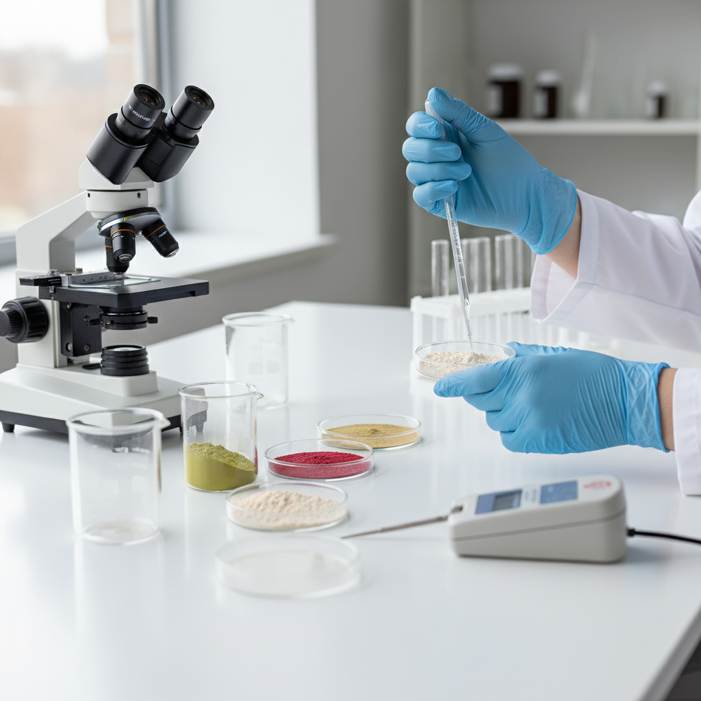 Close-up of a quality control laboratory scene showing hands in protective gloves carefully testing supplement ingredient samples in glass beakers and petri dishes, with microscope and testing equipment visible on clean white laboratory counter, natural window lighting, shallow depth of field, f/2.8, professional lab environment, detailed texture of powdered ingredients, photo style