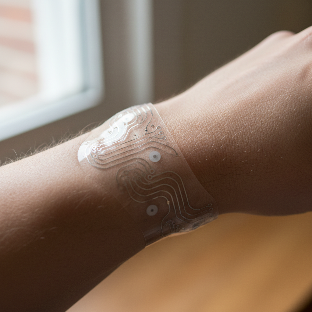 A close-up photo of a flexible wearable health sensor wrapped around a human wrist, shot with 50mm lens at f/2.8, showing the transparent TPU substrate with visible serpentine circuit traces conforming to skin contours, natural lighting, highly detailed, shallow depth of field, photo style