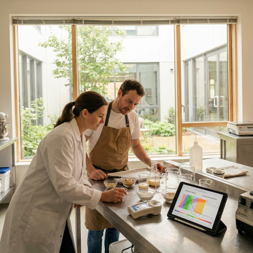 A collaborative scene in a bright modern food science laboratory, showing a food scientist and bakery manufacturer working together over a formulation workstation with various specialty ingredients, testing equipment, and digital displays showing technical data, natural lighting, shot with 35mm lens, f/4, warm professional atmosphere, photo style, detailed lab equipment and ingredient samples visible