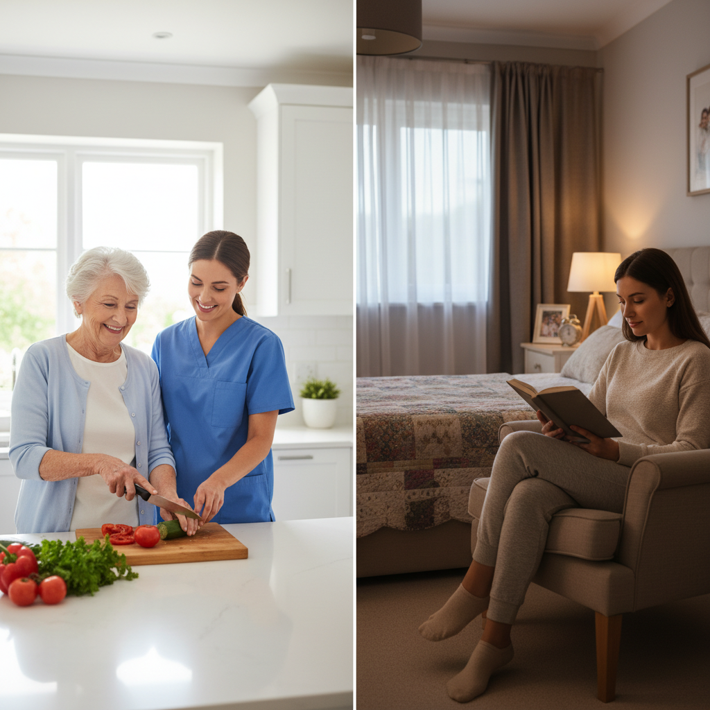 A split comparison image showing two different home care scenarios side by side. On the left, a daytime scene with a caregiver helping an elderly person with meal preparation in a bright kitchen. On the right, an evening scene showing a live-in caregiver reading in a guest bedroom of the home, suggesting 24/7 availability. Both scenes look natural and comfortable. Shot with wide-angle lens, even lighting, photo style, highly detailed, landscape format