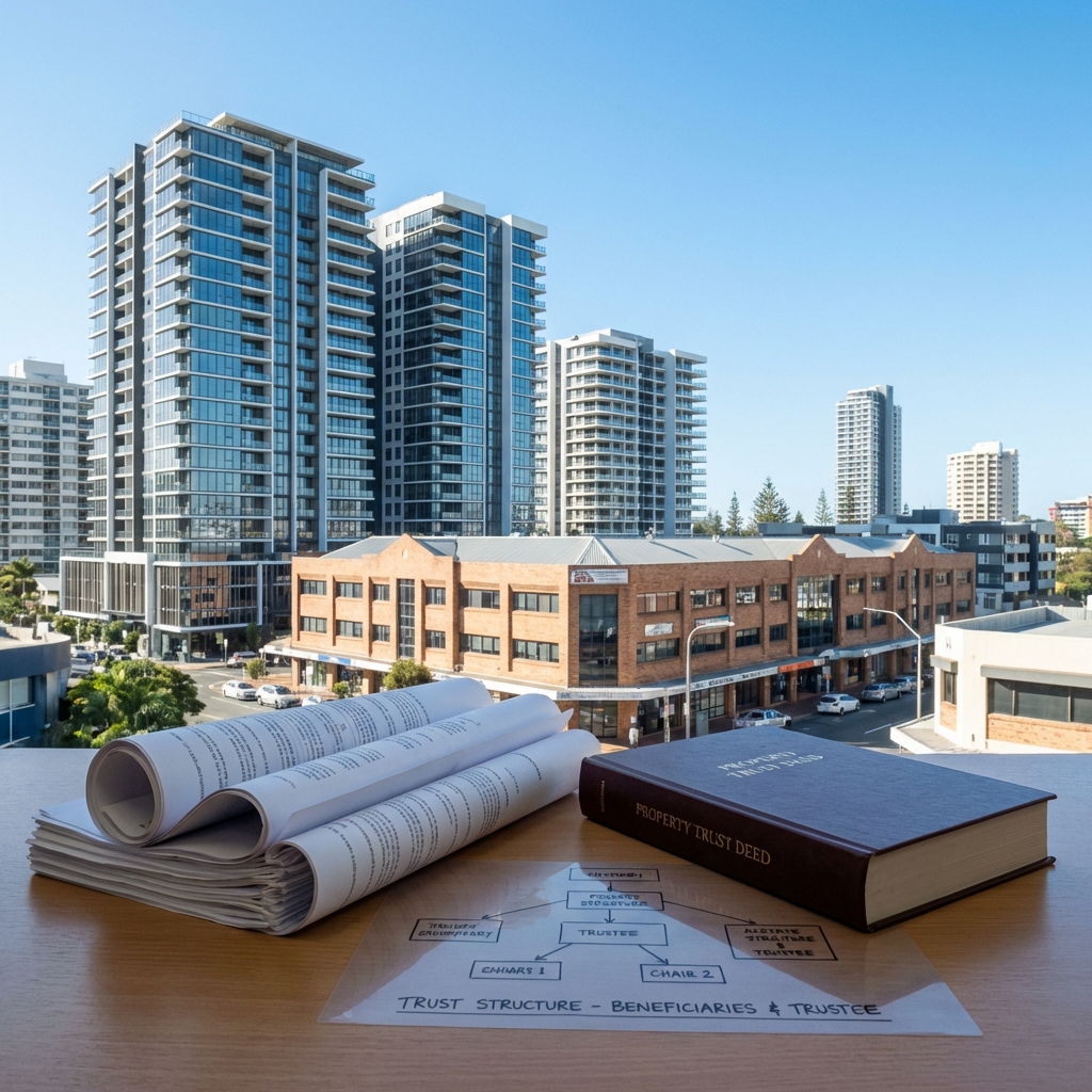 Conceptual image of Australian property investment showing modern residential and commercial buildings with legal documents and trust structure diagrams in foreground, clear blue sky, professional photography style, shot with 35mm lens, natural daylight, sharp focus on architectural details, rule of thirds composition, photo style