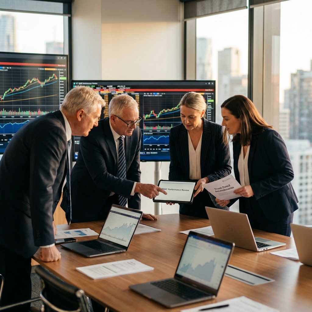 A professional business meeting scene showing SMSF trustees reviewing documents with financial advisors, modern office setting with laptops and financial charts on screen, warm natural lighting from large windows, shot with 50mm lens, f/2.8, shallow depth of field, photo style, highly detailed, business professional atmosphere