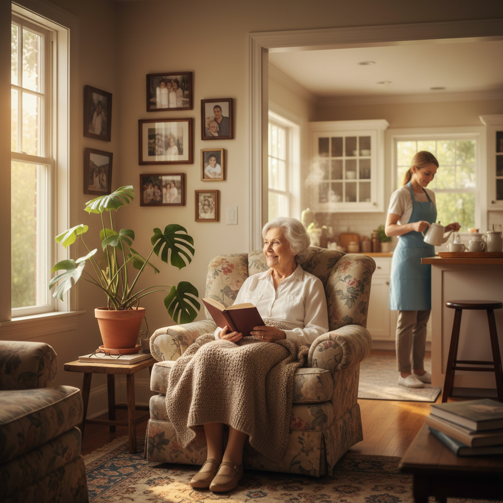 A warm, inviting scene of an elderly person sitting comfortably in their own home's living room, with morning sunlight streaming through windows. A professional caregiver is nearby preparing tea in the kitchen visible in the background. The room shows personal touches like family photos on the walls, a well-tended houseplant, and a cozy reading chair. Shot with 50mm lens, f/2.8, natural lighting, photo style, warm tones, highly detailed