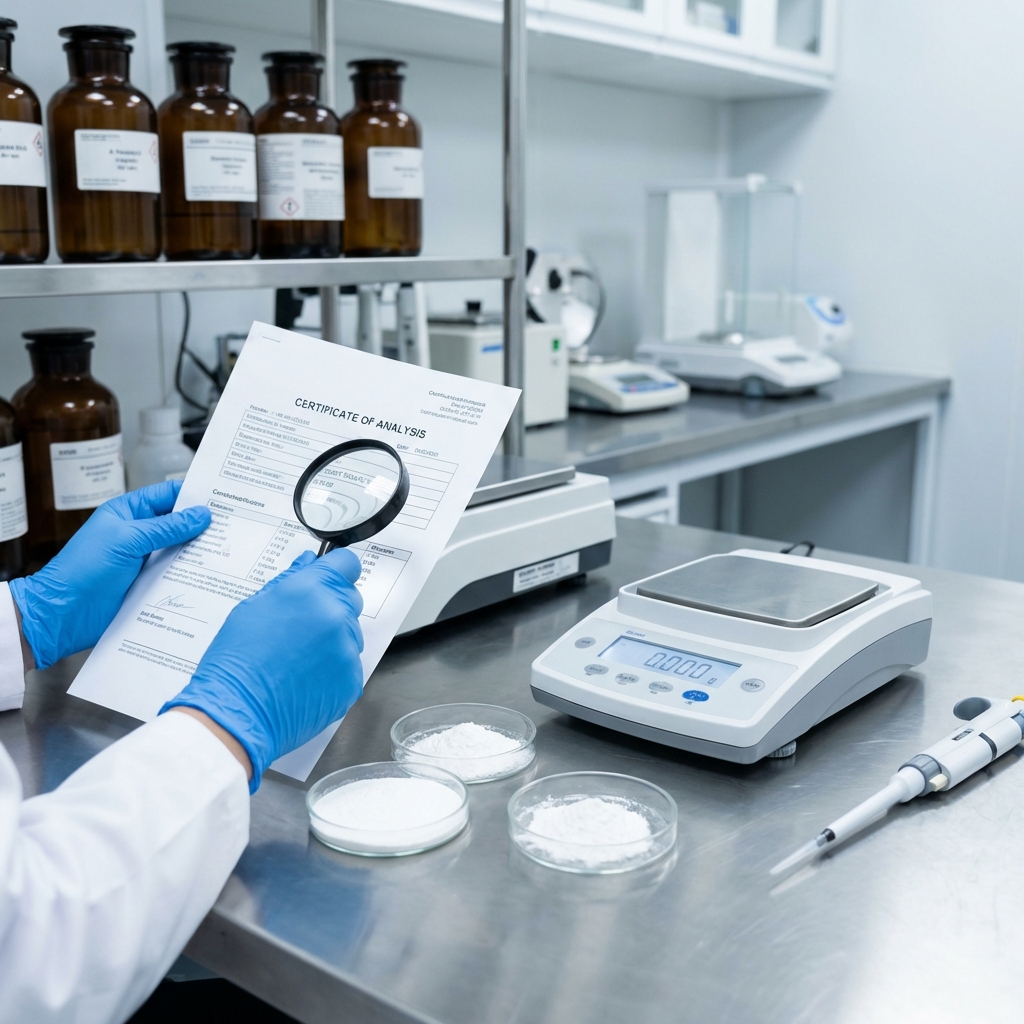 Close-up view of a quality control inspector's hands wearing nitrile gloves, examining a certificate of analysis document next to several glass petri dishes containing white powder samples. A precision digital scale and testing equipment are visible on a clean stainless steel laboratory bench. In the background, slightly out of focus, are shelves with labeled ingredient containers and testing instruments. Shot with a 50mm lens, f/2.8 aperture for shallow depth of field, professional laboratory lighting, emphasizing attention to detail and scientific rigor, photo style