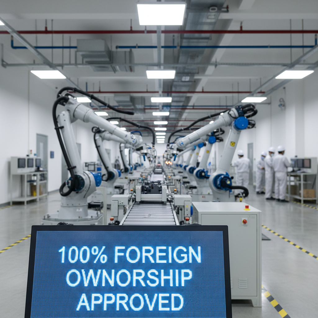 Modern Chinese manufacturing facility interior, showing automated production line with robotic arms, clean industrial environment with bright overhead lighting, foreground displays a digital screen showing "100% Foreign Ownership Approved" in English, workers in safety gear visible in background, wide-angle lens shot, high detail, natural industrial lighting, photo style taken with DSLR camera