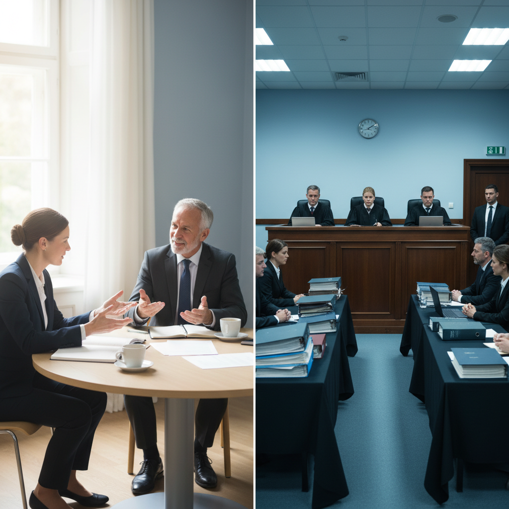 A symbolic split-screen composition showing two contrasting dispute resolution scenarios. Left side: a calm, well-lit mediation room with two business professionals sitting at a round table with a neutral mediator, documents and coffee cups present, body language showing collaborative discussion. Right side: a formal arbitration hearing room with a three-person tribunal panel seated at an elevated bench, legal representatives at tables below, more formal and structured atmosphere. Natural lighting throughout, professional photography style, shot with 35mm lens, balanced composition emphasizing the contrast between collaborative and formal approaches.