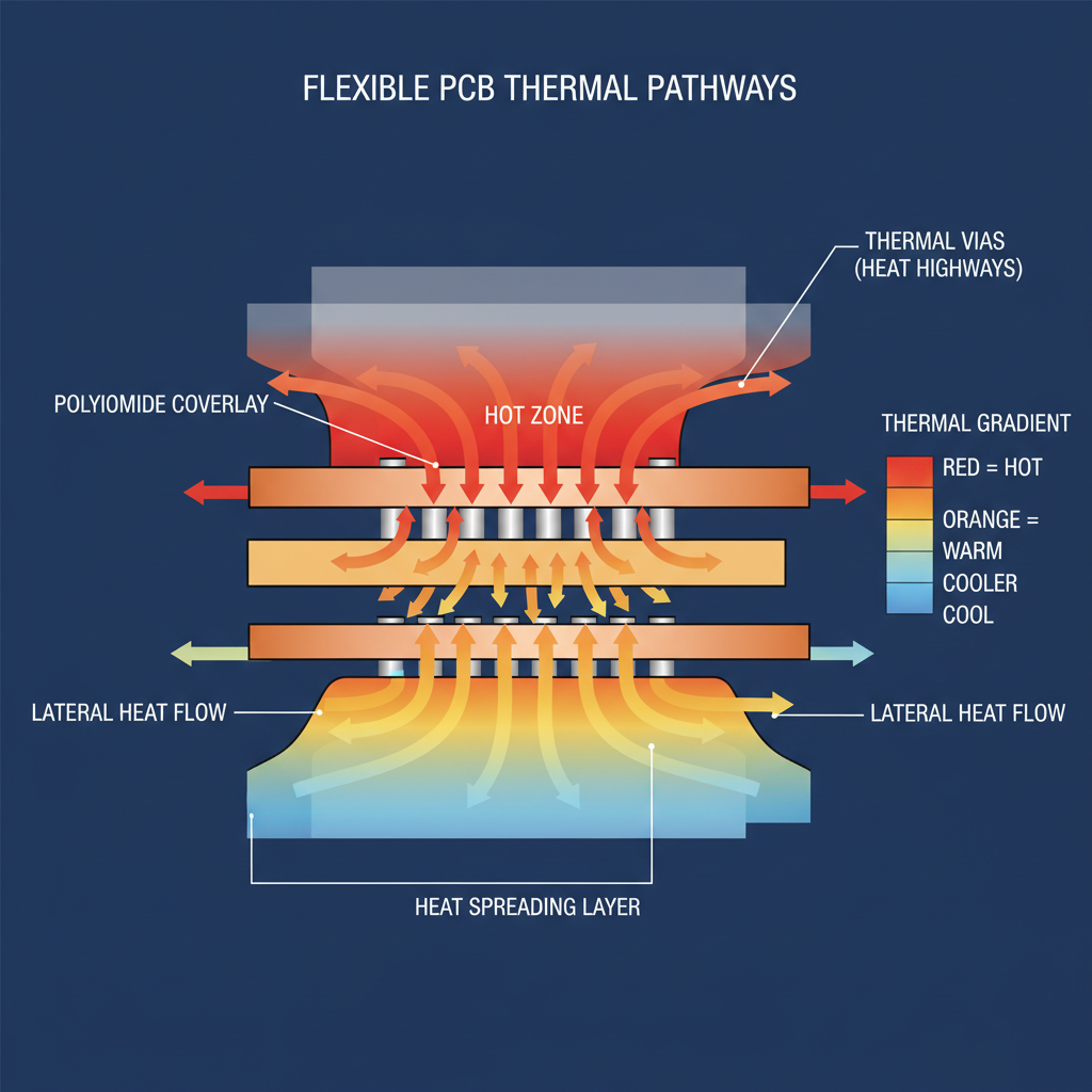 A detailed cross-section diagram showing the layers of a flexible PCB circuit with emphasis on thermal pathways. The image shows thin polyimide substrate layers, copper traces, thermal vias creating vertical heat highways, and heat distribution patterns visualized with thermal gradients from hot red zones to cooler blue zones. Technical illustration style with clear labels and annotations showing heat flow directions.