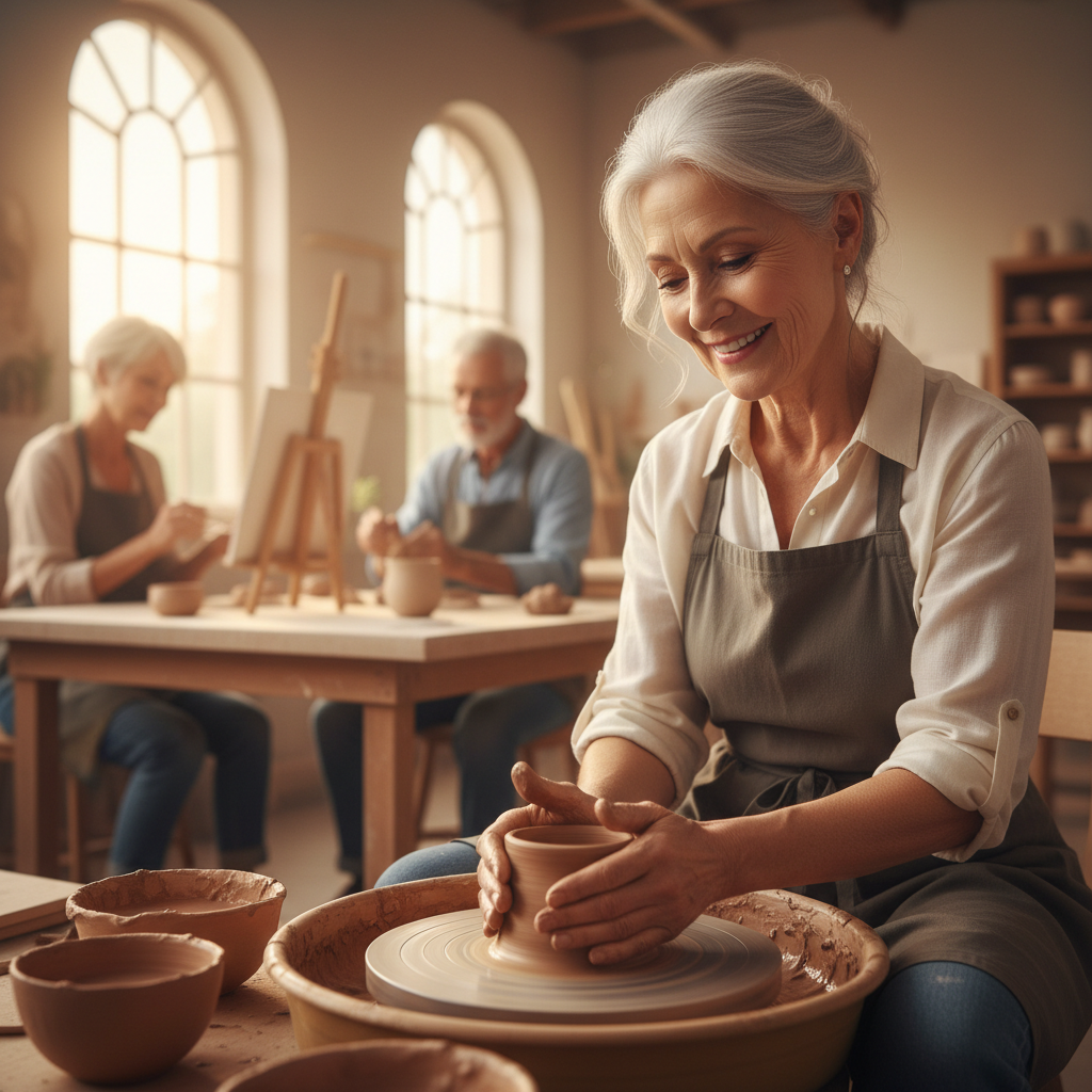 A heartwarming photo of an active senior woman in her late 60s participating in a pottery class, her hands shaping clay on a wheel, with a gentle smile on her face. Soft natural lighting from studio windows, other seniors visible in the background also engaged in creative activities. Shot with 85mm lens, f/2.8, bokeh effect, warm golden hour lighting, photo style, capturing joy and engagement.