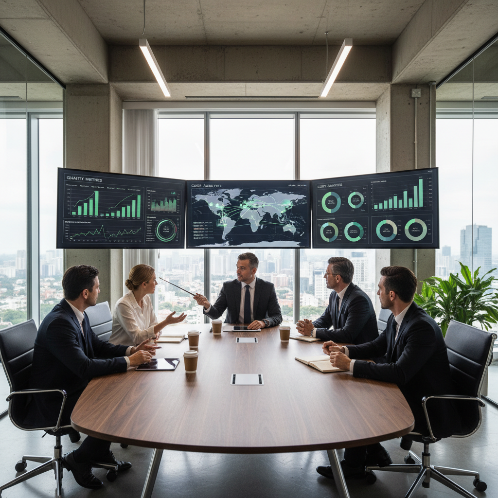 A professional business meeting scene in a modern office with diverse executives reviewing global supply chain data on large monitors, showing world maps with connected supply routes, quality metrics charts, and cost analysis graphs. Natural lighting through floor-to-ceiling windows, shot with 50mm lens, f/2.8, corporate photography style, high detail, contemporary business environment
