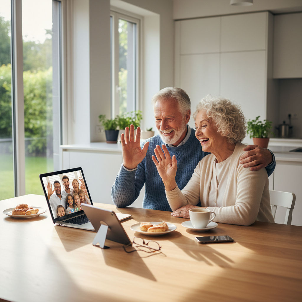 A warm, inviting photo showing a senior couple in their 70s sitting at a modern kitchen table with a laptop, smiling while video chatting with family members. Natural morning light streams through large windows. The scene includes subtle technology elements like a tablet and smartphone nearby. Shot with 50mm lens, f/2.8, shallow depth of field, warm tones, photo style, high detail.