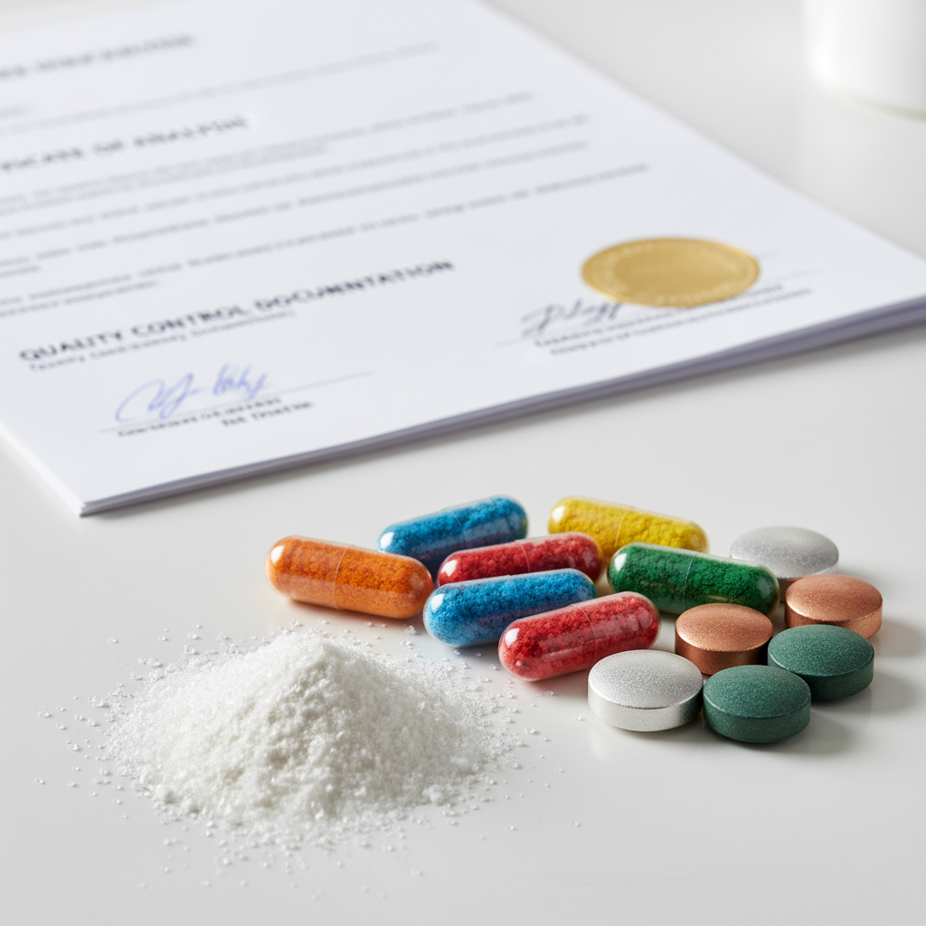 Close-up photo of premium nutritional supplement ingredients including white crystalline amino acid powder, colorful vitamin capsules, and mineral tablets arranged on a clean laboratory surface with quality control documentation and certificates of analysis visible in background, macro lens, shallow depth of field, bright clean lighting, pharmaceutical grade quality, highly detailed textures