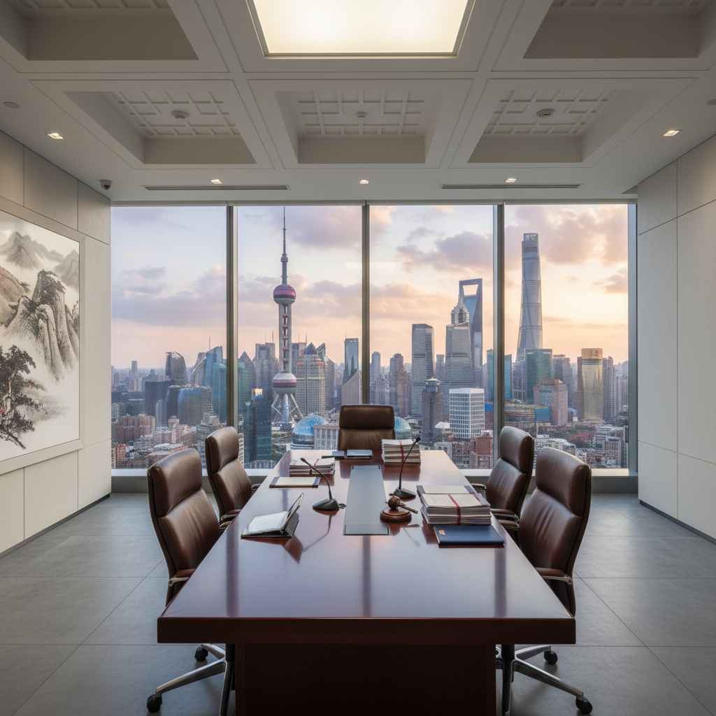 A modern professional arbitration hearing room in China with a long polished wooden table, three comfortable leather chairs, and large windows showing Shanghai's skyline. On the table are organized legal documents, a gavel, and digital tablets. The room features contemporary Chinese architectural elements with clean lines, natural lighting, and a sophisticated atmosphere that blends international and Chinese design aesthetics. Shot with 50mm lens, f/2.8, natural lighting, photo style.